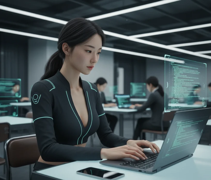 미래형 카페에서 노트북을 이용해 파이썬 개발 환경을 설정하는 한국인 여성
