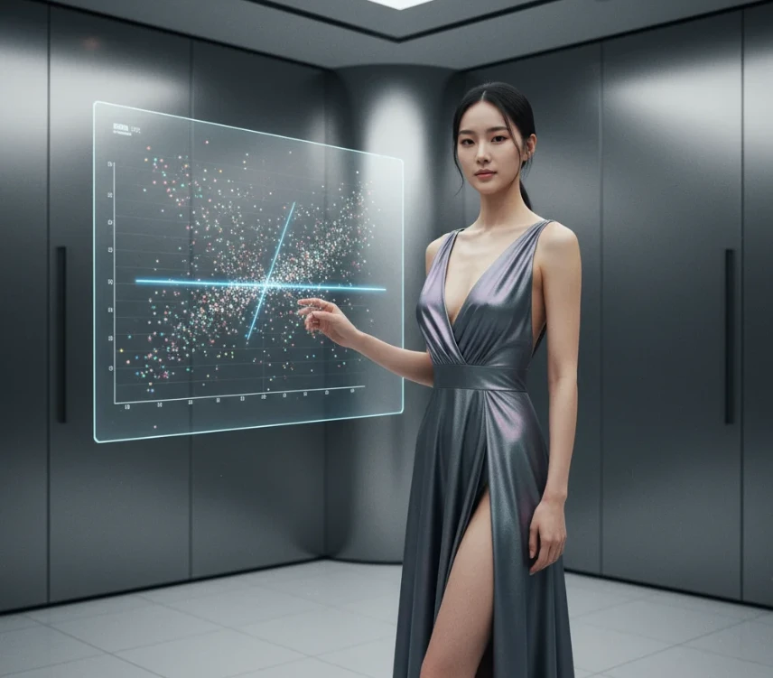 홀로그램 화면에 선형 회귀 그래프를 띄워놓고 바라보는 한국인 여성