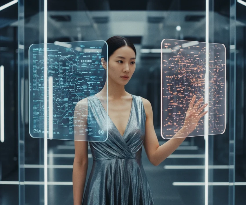 깨끗한 데이터와 흩어져 있는 지저분한 데이터를 비교하며 바라보는 한국인 여성