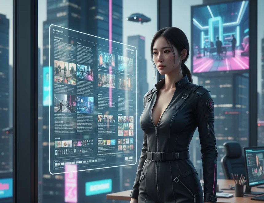 미래 도시의 거대한 광고판에 AI 이미지가 게시된 것을 보며 만족하는 한국인 여성 미래 도시의 거대한 광고판에 AI 이미지가 게시된 것을 보며 만족하는 한국인 여성