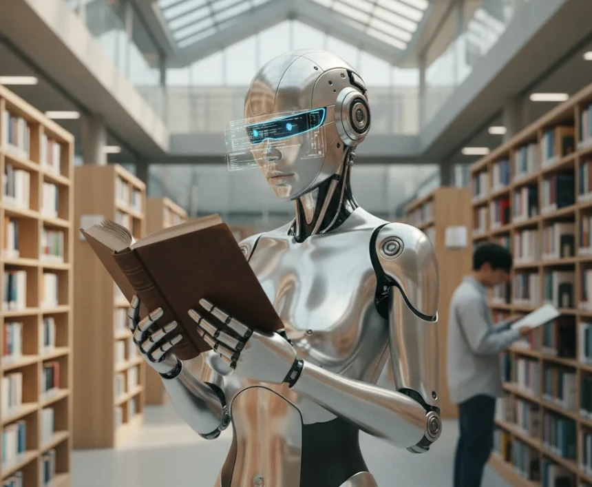 책 표지를 스캔하는 로봇과 도서관 배경의 사실적인 사진