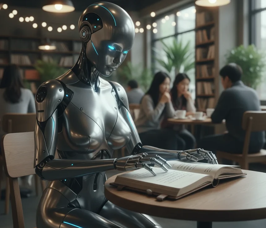 카페에서 손글씨 메모를 보고 있는 로봇의 사실적인 사진