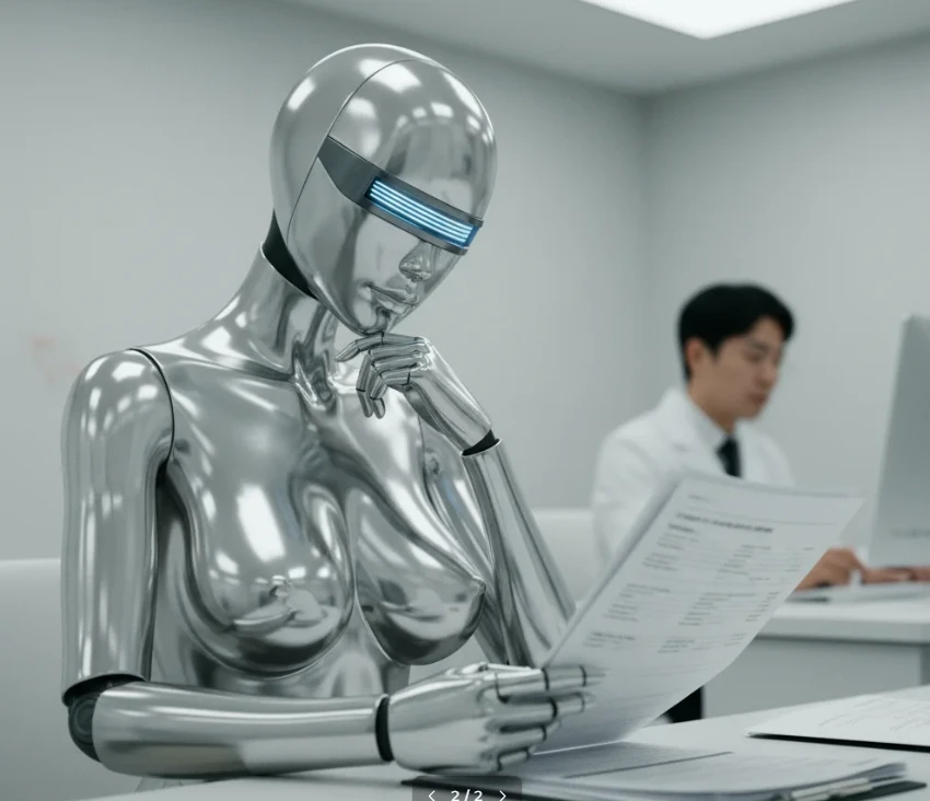 건강검진 결과지를 분석하는 로봇의 모습이 담긴 사실적인 사진