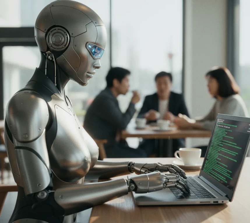 앤드로이드 로봇이 노트북으로 항공권 프롬프트를 작성하는 모습