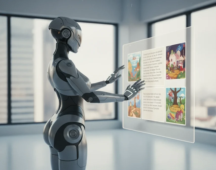 앤드로이드 로봇이 손가락 제스처만으로 그림책을 만드는 모습