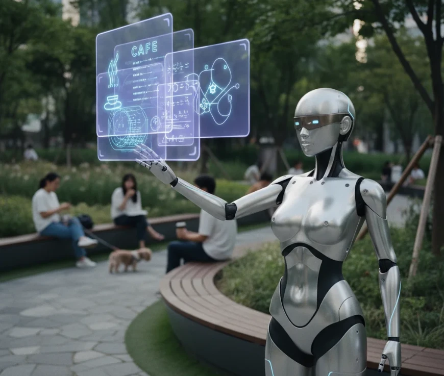 앤드로이드 로봇의 손 위로 여러 종류의 홀로그램 자료가 떠오르는 모습