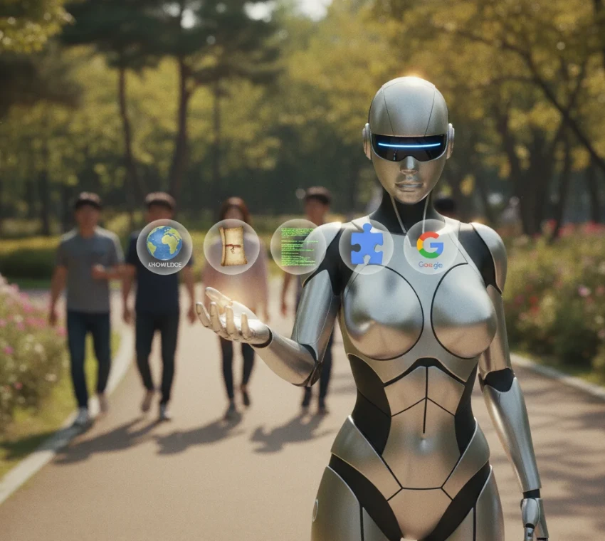 앤드로이드 로봇의 손 위에 다섯 가지 핵심 기능을 상징하는 오브젝트가 떠 있는 모습 앤드로이드 로봇의 손 위에 다섯 가지 핵심 기능을 상징하는 오브젝트가 떠 있는 모습