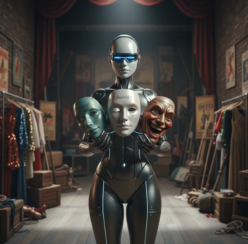 앤드로이드 로봇이 여러 가지 표정의 가면들을 들고 있는 모습