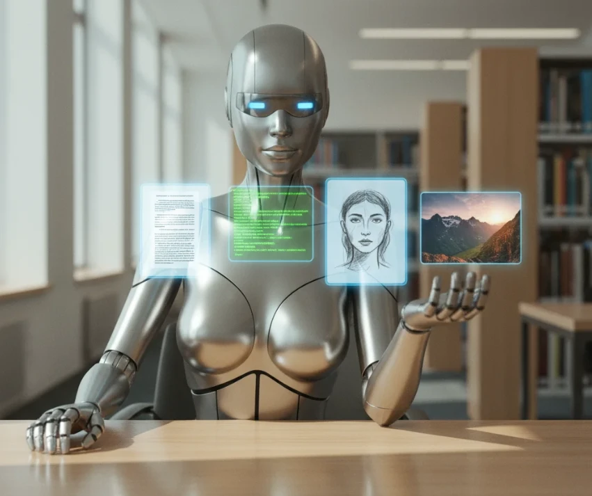 앤드로이드 로봇의 손 위에 여러 종류의 디지털 파일들이 떠 있는 모습