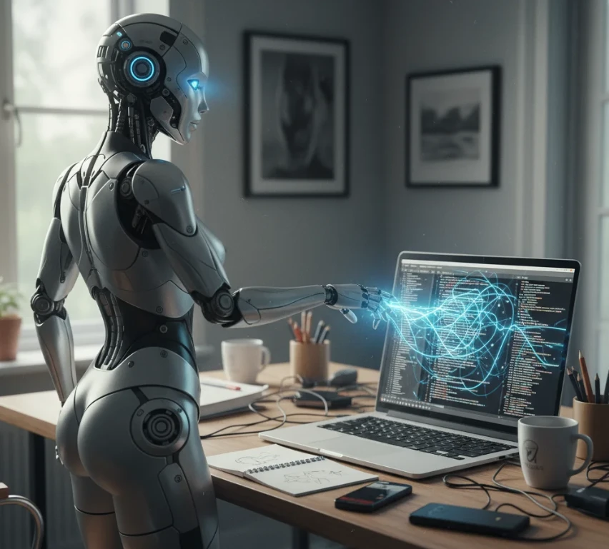 앤드로이드 로봇이 손짓으로 GPT 코드를 정리하는 모습