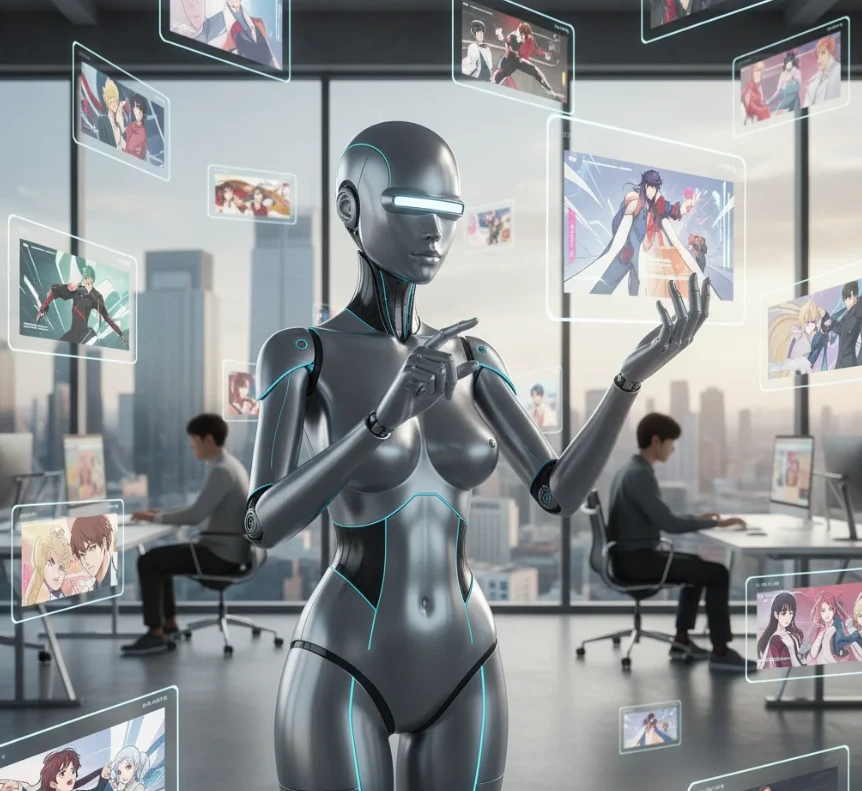 앤드로이드 로봇이 생성된 웹툰을 공중에서 편집하는 모습