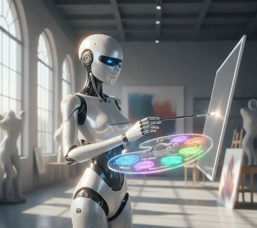 디젠 AI의 다양한 영상 제작 기능을 물감 팔레트로 표현하는 앤드로이드 로봇