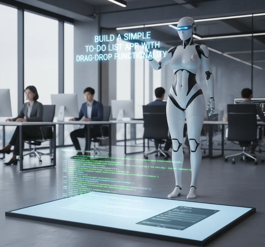 앤드로이드 로봇이 프롬프트를 작성해 캔버스에서 앱을 실행하는 모습