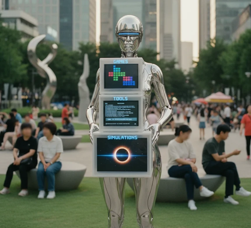 앤드로이드 로봇이 다양한 미니 앱들을 쌓아 올리는 모습