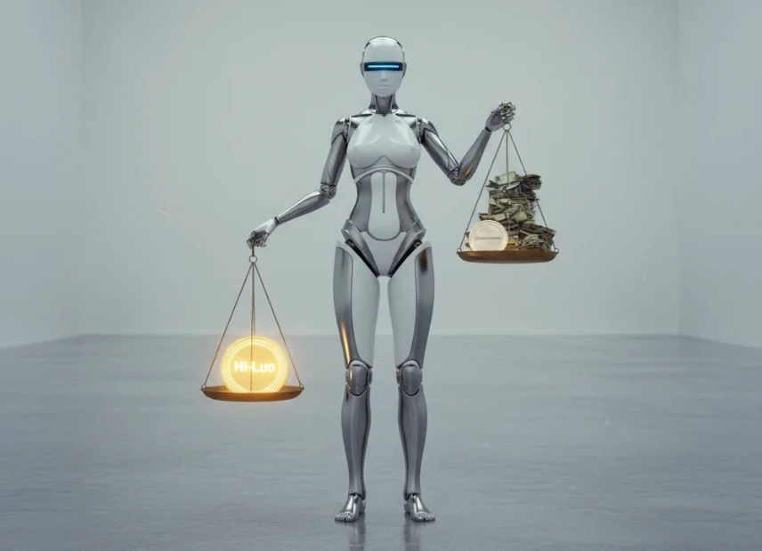 앤드로이드 로봇이 하이루오의 가성비를 저울로 보여주는 모습