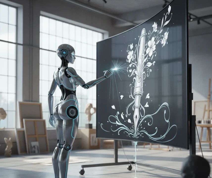 앤드로이드 로봇이 구체적인 프롬프트를 작성해 VEO3 영상을 만드는 모습