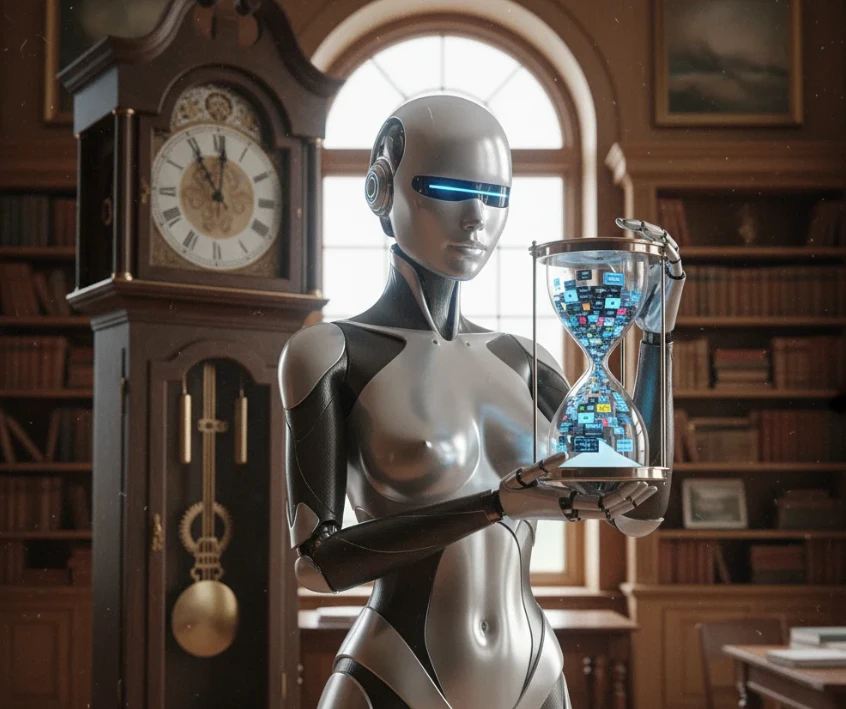 앤드로이드 로봇이 VEO3 크레딧을 효율적으로 관리하는 모습