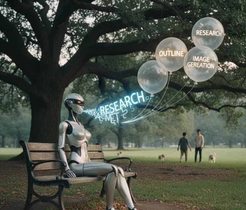 앤드로이드 로봇이 자연어 명령으로 AI 워크플로를 구축하는 모습