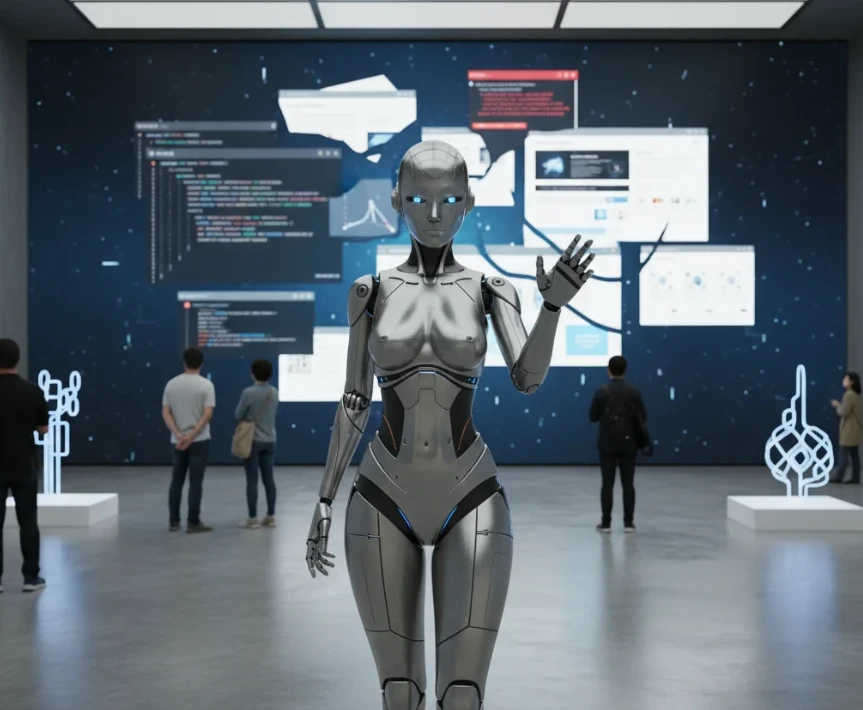 앤드로이드 로봇이 타이드웨이브의 통합 개발 환경을 보여주는 모습