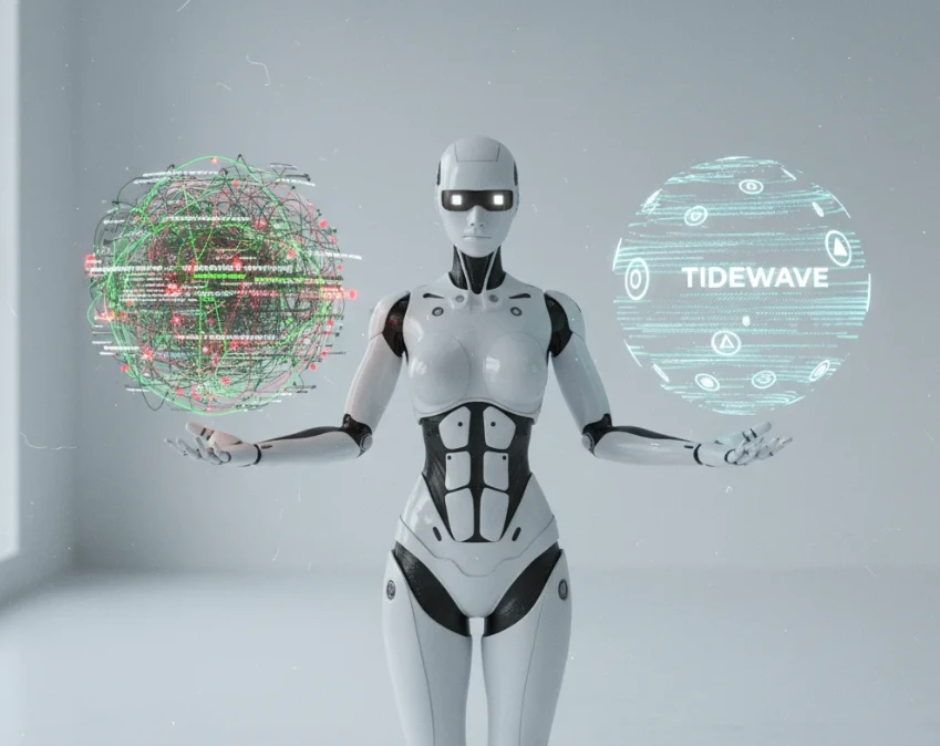 앤드로이드 로봇이 타이드웨이브와 기존 AI 툴을 비교하는 모습