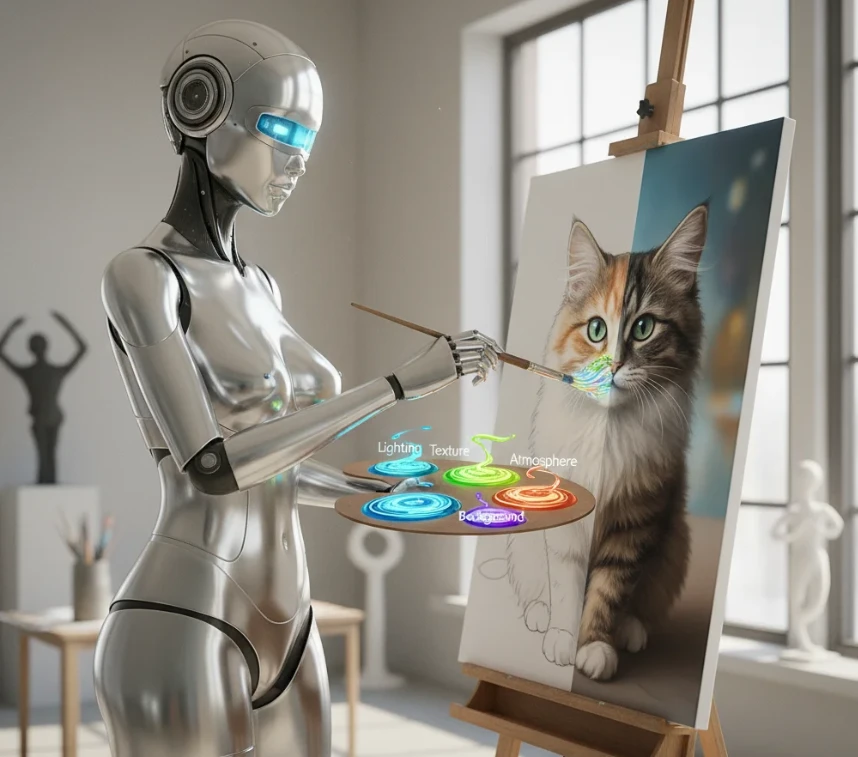 앤드로이드 로봇이 프롬프트 도구로 미드저니 이미지의 완성도를 높이는 모습 앤드로이드 로봇이 프롬프트 도구로 미드저니 이미지의 완성도를 높이는 모습