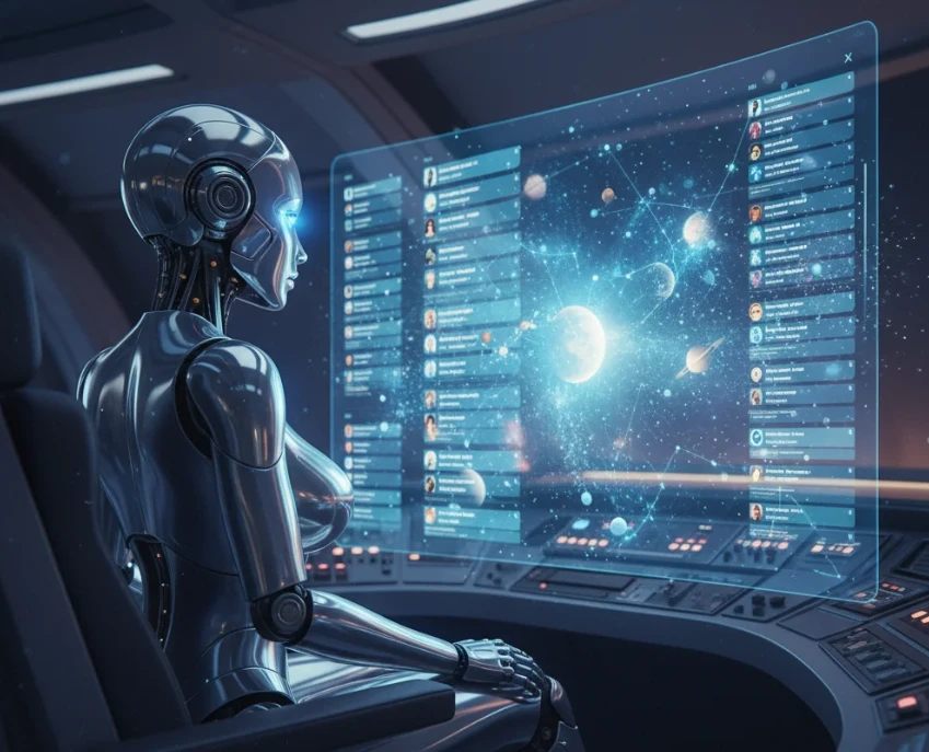 앤드로이드 로봇이 그록 모델을 이용해 우주의 본질을 이해하는 모습