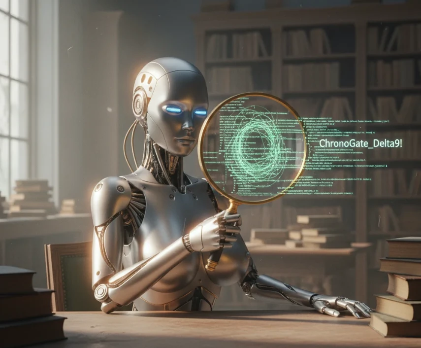 앤드로이드 로봇이 그록 AI를 이용해 난독화된 코드를 분석하는 모습