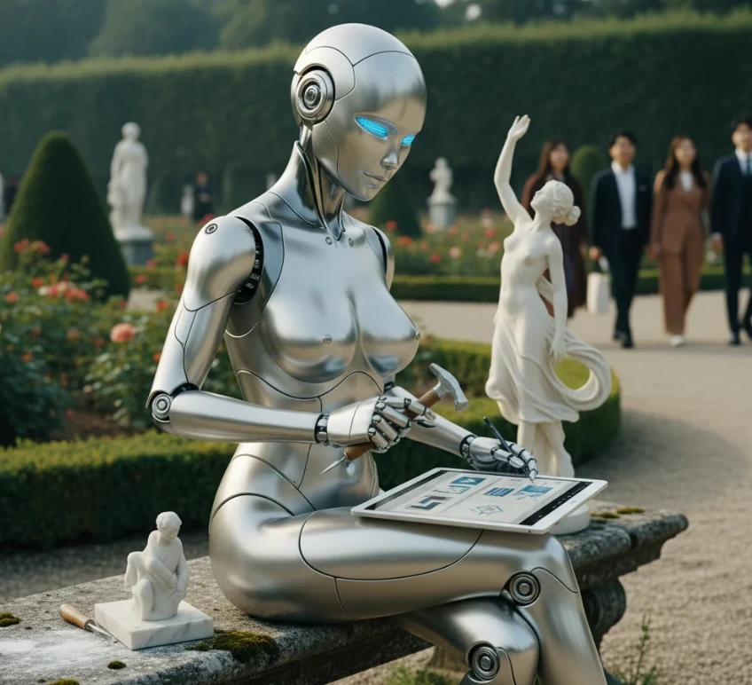 앤드로이드 로봇이 미드저니와 구글 인공지능의 용도 차이를 보여주는 모습