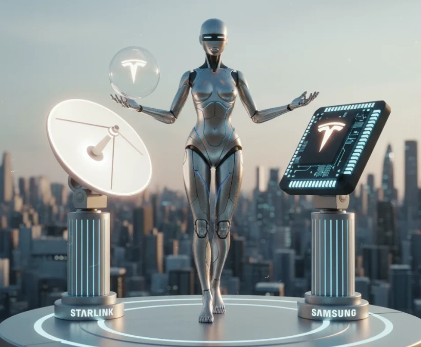 앤드로이드 로봇이 스타링크와 삼성의 협력을 보여주는 모습