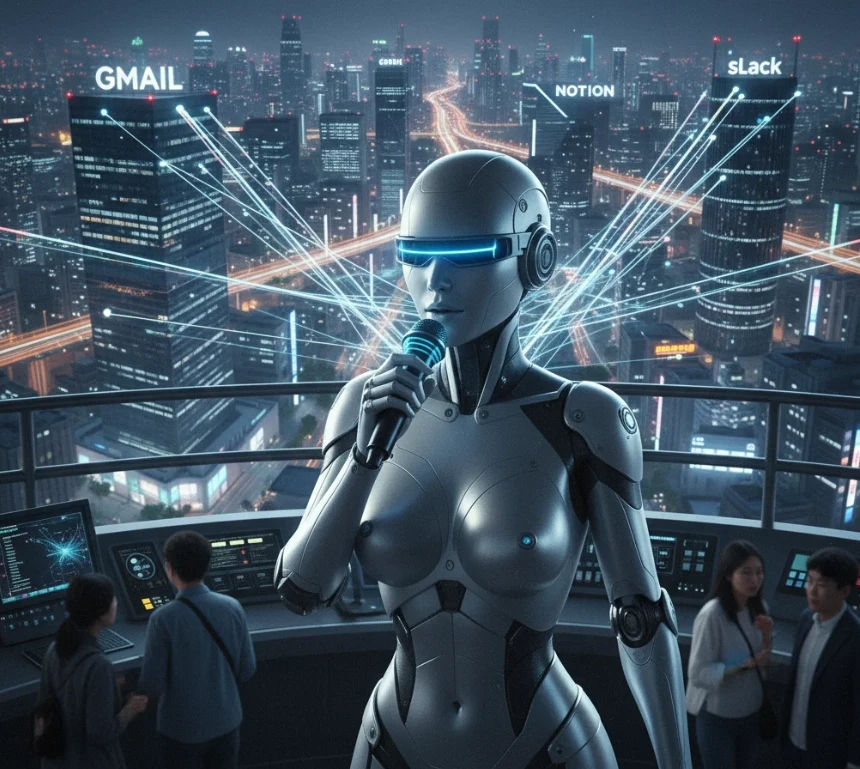 앤드로이드 로봇이 getden.io의 자연어 기반 워크플로우를 보여주는 모습