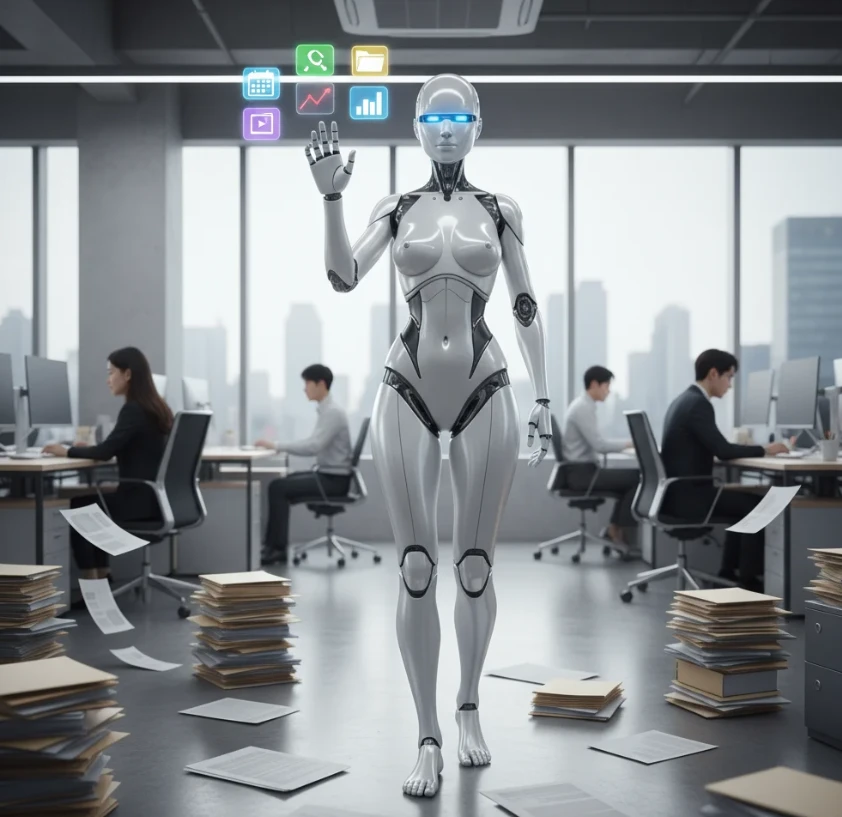 앤드로이드 로봇이 5가지 AI 에이전트의 실용적 활용 사례를 보여주는 모습