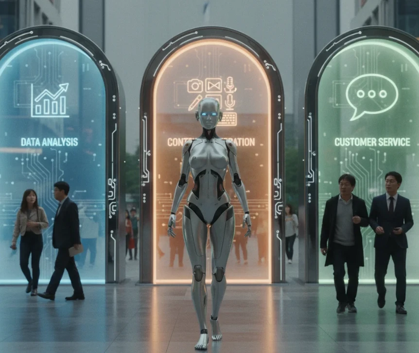 앤드로이드 로봇이 AI 기반 SNS 운영 전략의 핵심 요소를 보여주는 모습