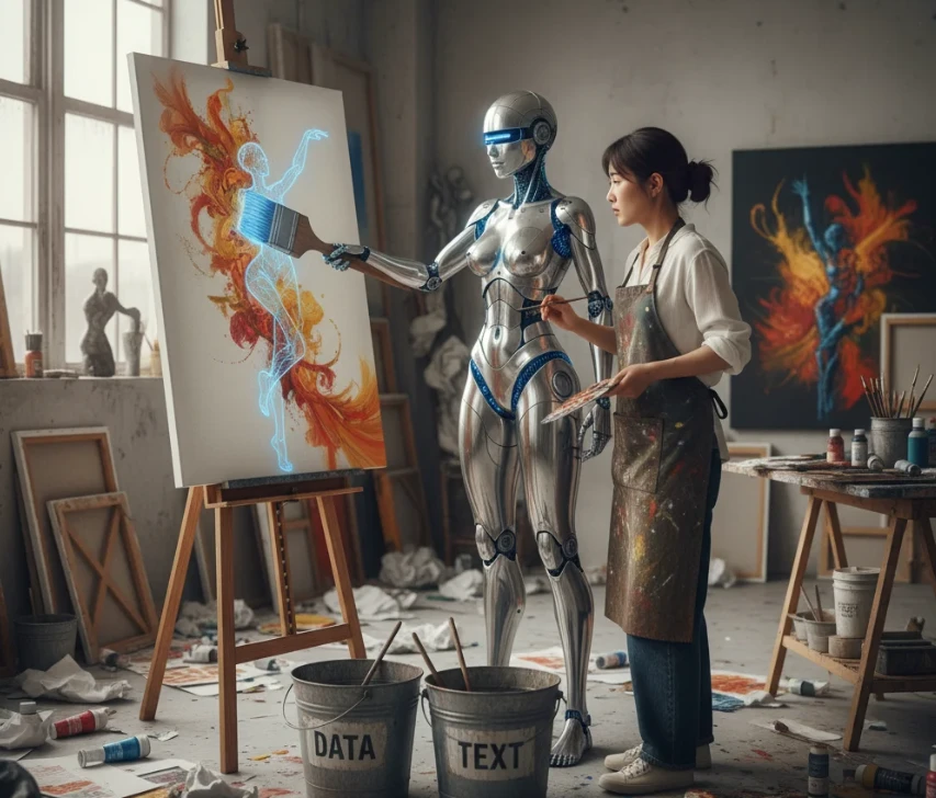 앤드로이드 로봇과 인간이 AI를 활용한 SNS 콘텐츠를 협업하여 만드는 모습