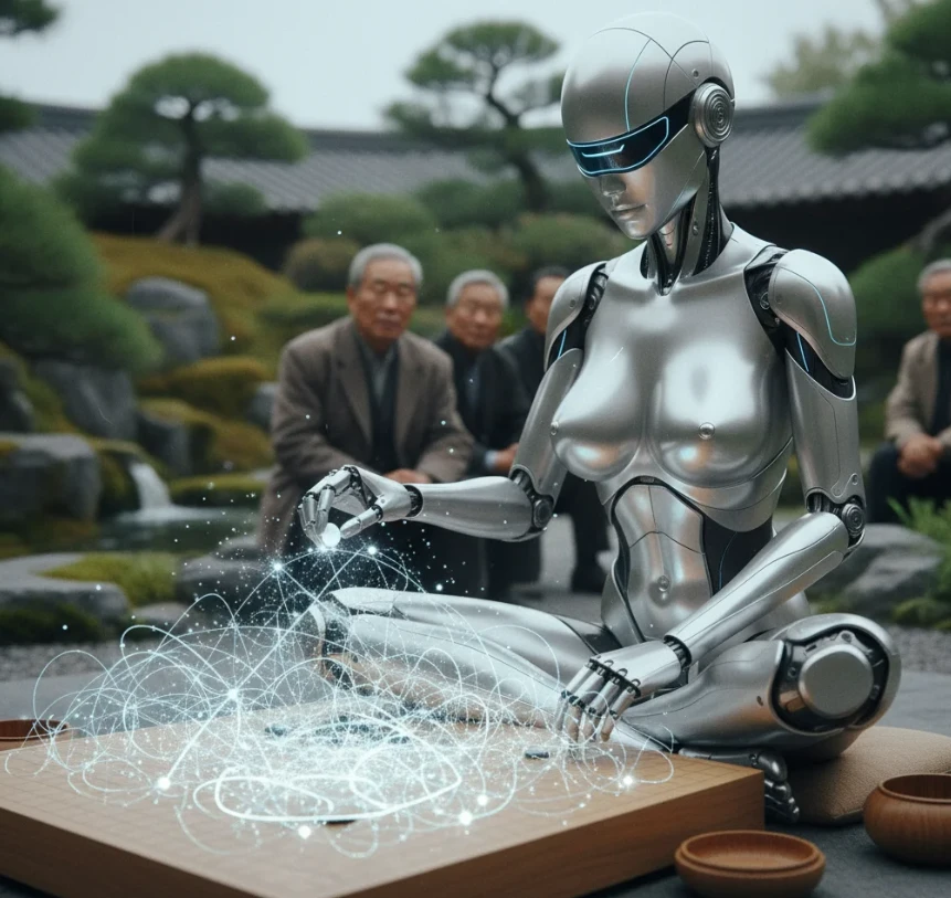 앤드로이드 로봇이 알파고처럼 바둑에서 창의적인 수를 두는 모습