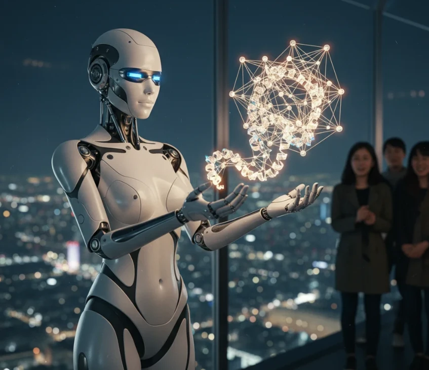 앤드로이드 로봇이 알파폴드를 이용해 단백질 구조를 예측하는 모습