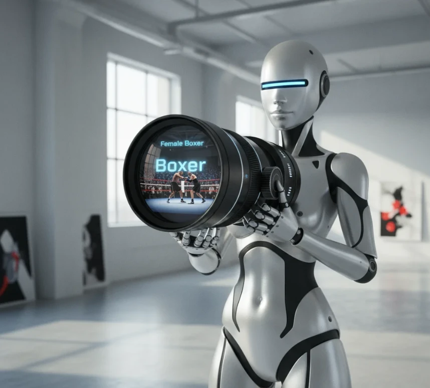 앤드로이드 로봇이 하일루어를 이용해 구체적인 프롬프트로 이미지를 제작하는 모습