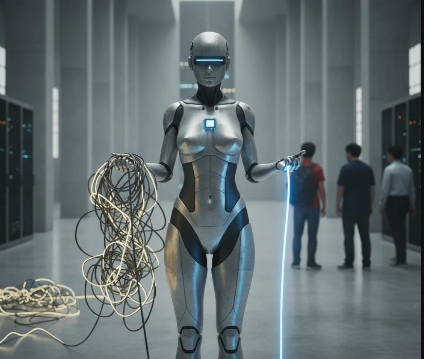 앤드로이드 로봇이 온디바이스 AI의 작동 원리를 보여주는 모습