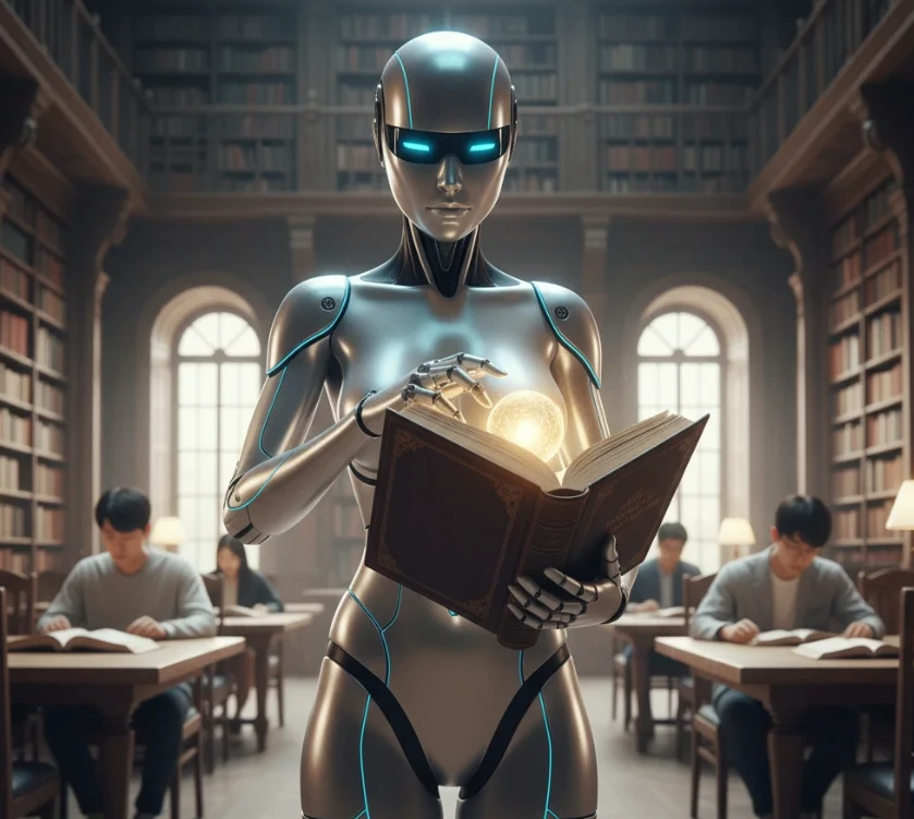 앤드로이드 로봇이 AI 모델의 양자화 과정을 보여주는 모습