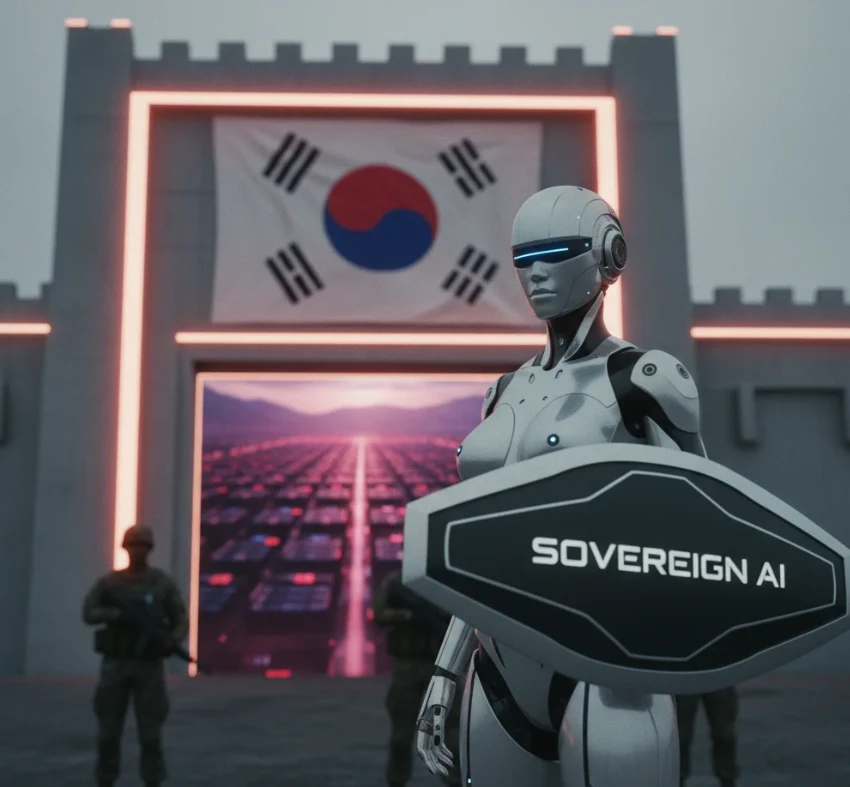 앤드로이드 로봇이 소버린 AI를 이용해 국가의 AI 주권을 수호하는 모습