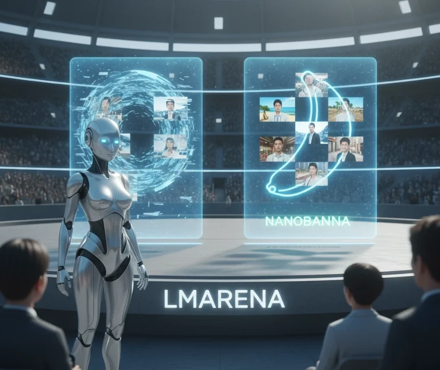 앤드로이드 로봇이 LMARENA에서 나노바나나의 성능을 테스트하는 모습