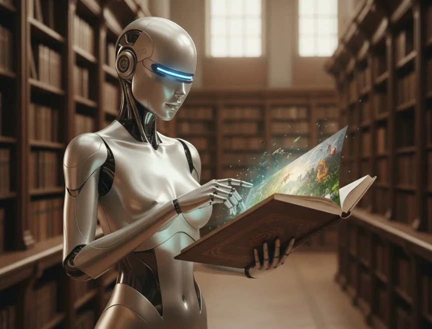 도서관 책장 앞에서 텍스트가 영상으로 변환되는 것을 바라보는 안드로이드 로봇