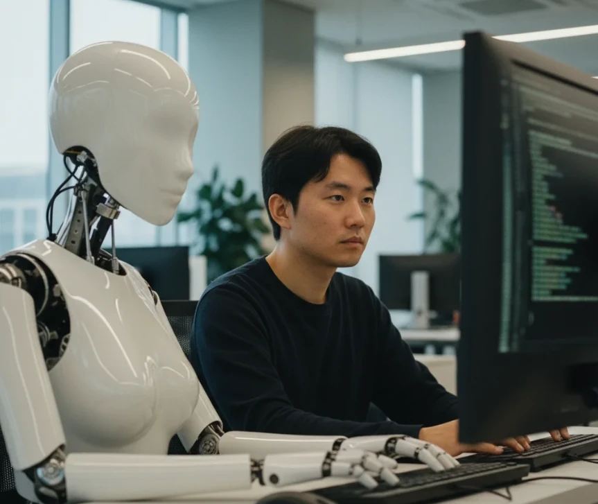 사무실에서 옆에 있는 한국인 연구원과 함께 컴퓨터 코드를 작성하는 여성 안드로이드 로봇