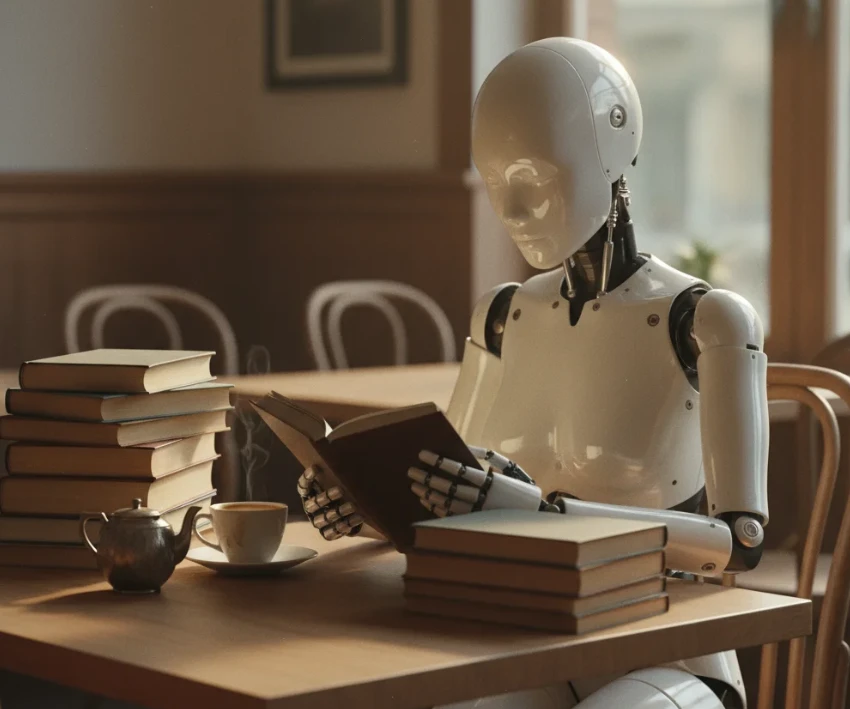카페에서 커피 한 잔과 여러 권의 책을 옆에 두고 책 한 권을 응시하는 여성 안드로이드 로봇