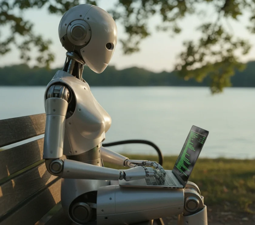 호수 옆 벤치에 앉아 노트북으로 코딩을 하는 여성 안드로이드 로봇 호수 옆 벤치에 앉아 노트북으로 코딩을 하는 여성 안드로이드 로봇