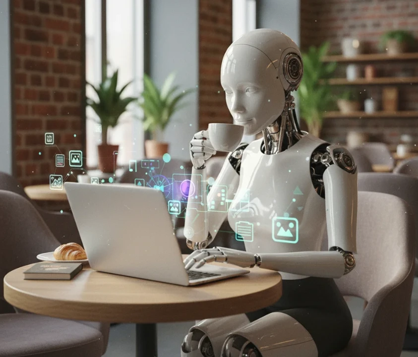 카페에서 노트북으로 작업 중인 여성 안드로이드 로봇 주변에 떠 있는 여러 개의 작은 홀로그램 아이콘 카페에서 노트북으로 작업 중인 여성 안드로이드 로봇 주변에 떠 있는 여러 개의 작은 홀로그램 아이콘