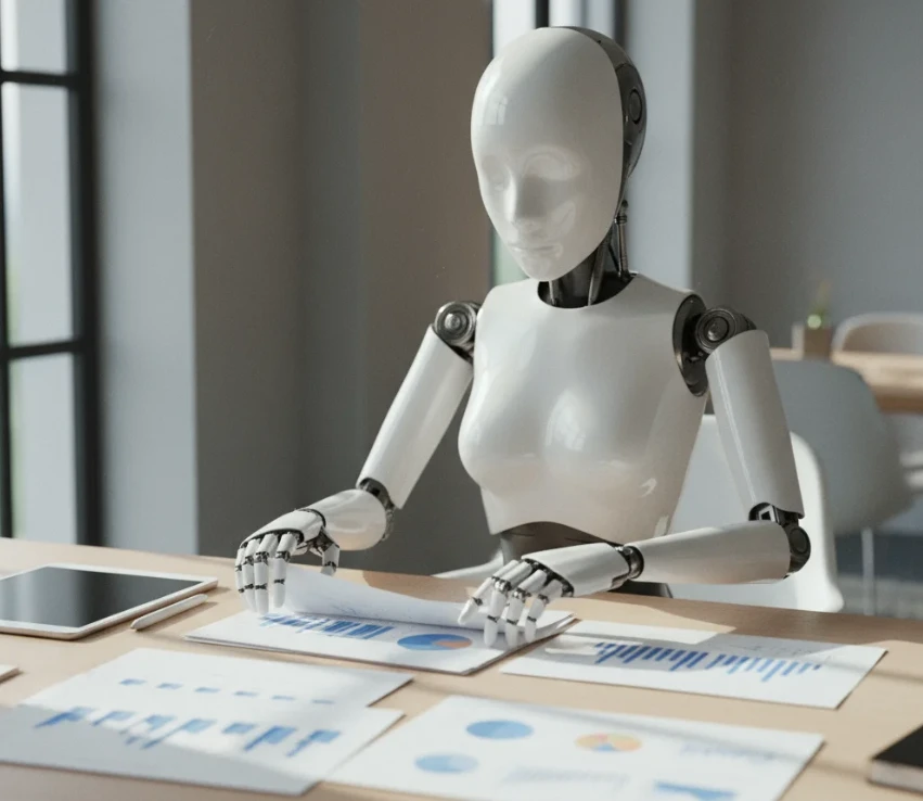 사무실 책상 위에서 데이터가 담긴 여러 장의 종이를 분류하고 정리하는 여성 안드로이드 로봇 사무실 책상 위에서 데이터가 담긴 여러 장의 종이를 분류하고 정리하는 여성 안드로이드 로봇