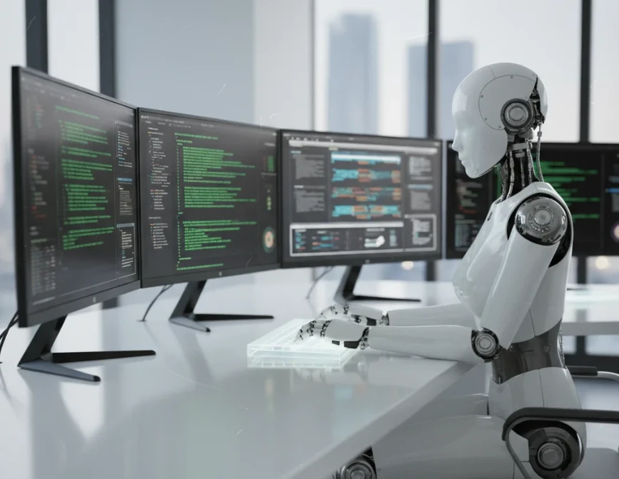 깔끔한 사무실의 책상에 앉아 여러 대의 모니터를 보며 동시에 여러 작업을 처리하는 흰색 로봇의 모습.