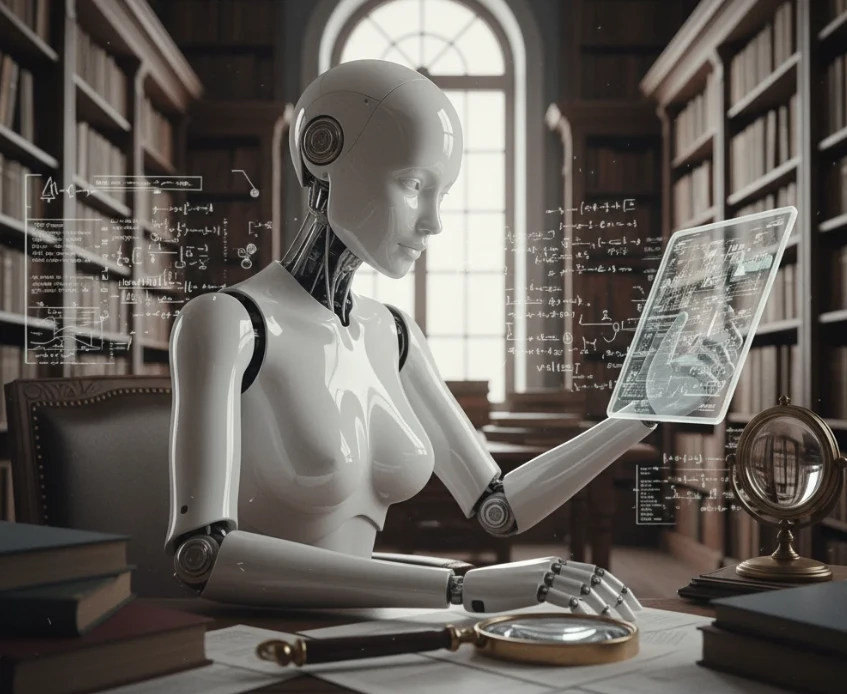 고요한 도서관에서 책상에 앉아 복잡한 수학 공식과 데이터를 분석하는 흰색 로봇의 모습.
