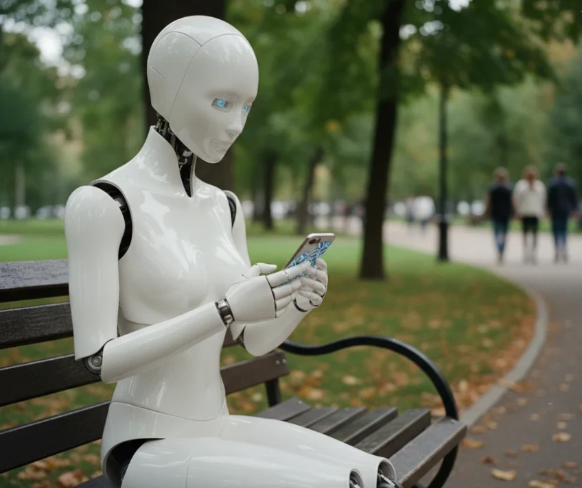 도심의 공원 벤치에 앉아 휴대폰 화면을 진지하게 들여다보는 흰색 로봇의 모습.