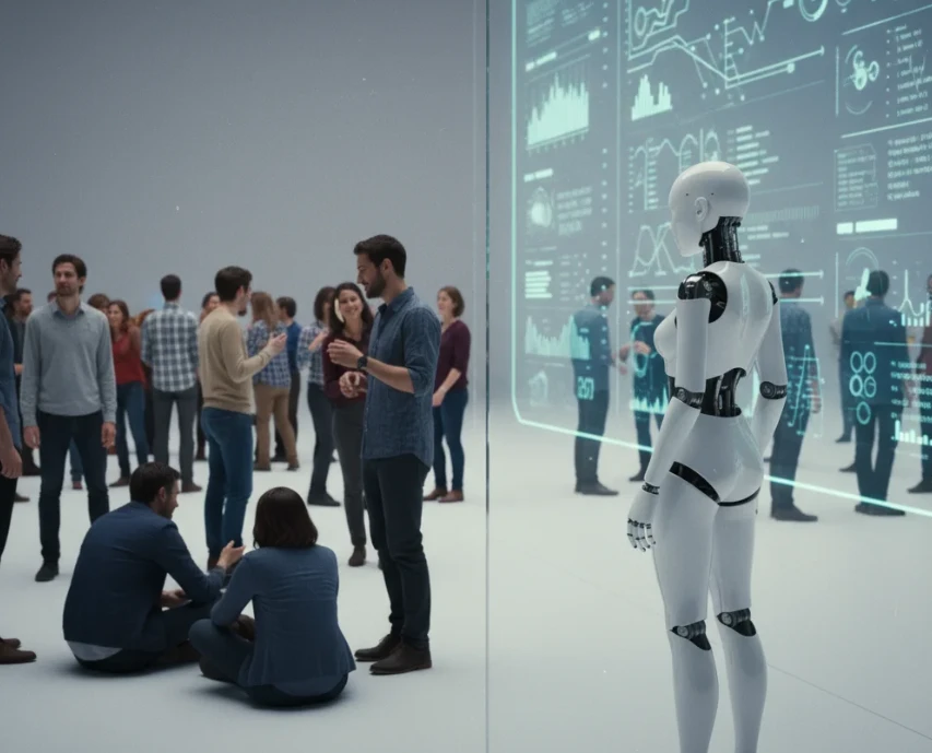 한쪽에는 다양한 감정의 사람들이 있고, 다른 한쪽에는 깔끔한 데이터 차트가 보이는 방에서 고민하는 듯한 포즈를 취하고 있는 흰색 로봇의 모습.